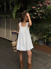 Hnewly  White Sleeveless Ruffles Mini Dress Women Casual Boho Beach Sundress Cute Girl Home Dresses Loose Summer Dress Oversize