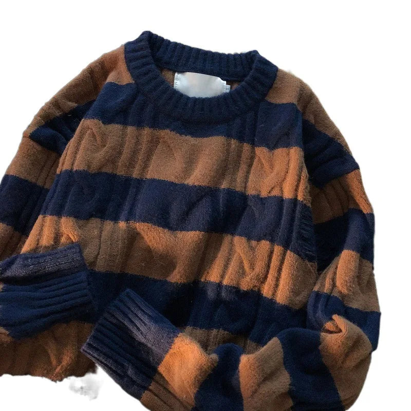 Hnewly  Women Striped Retro Knitted Sweater Spring Autumn Loose Versatile Pullover Casual Fashion Holes Round Neck Long Sleeved Top