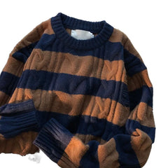 Hnewly  Women Striped Retro Knitted Sweater Spring Autumn Loose Versatile Pullover Casual Fashion Holes Round Neck Long Sleeved Top