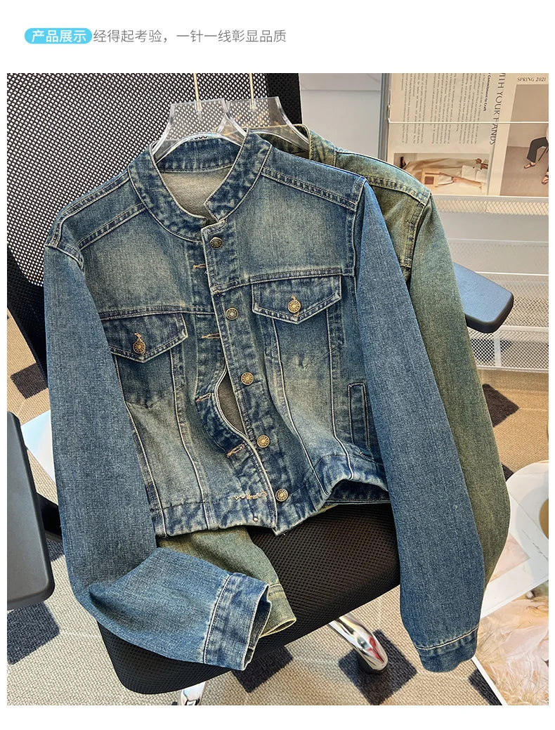 Hnewly  Fashion Denim Jacket Loose Casual Retro Jeans Short Coat Women's Spring Autumn Elegant Korean Standing Collar Long Sleeve Top