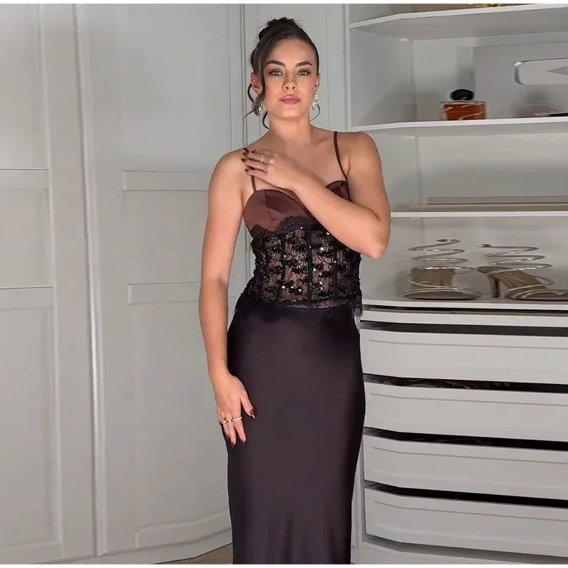 Hnewly  Sexy Lace Sequin Party Vest Women Solid Patchwork Sleeveless Backless Tube Top Female Fashion Spring Slim Evening Robe Lady New