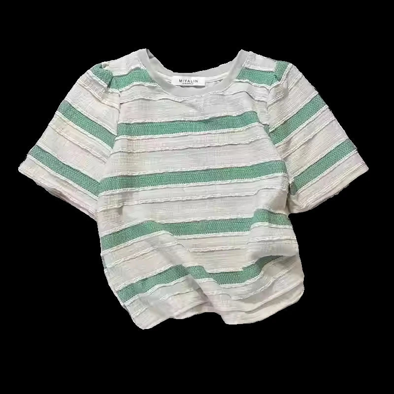 Hnewly  Pink Striped T-shirt Women's Sweet Dopamine  Korean Style Short Top Classic Round Neck Versatile Short Sleeved Tee