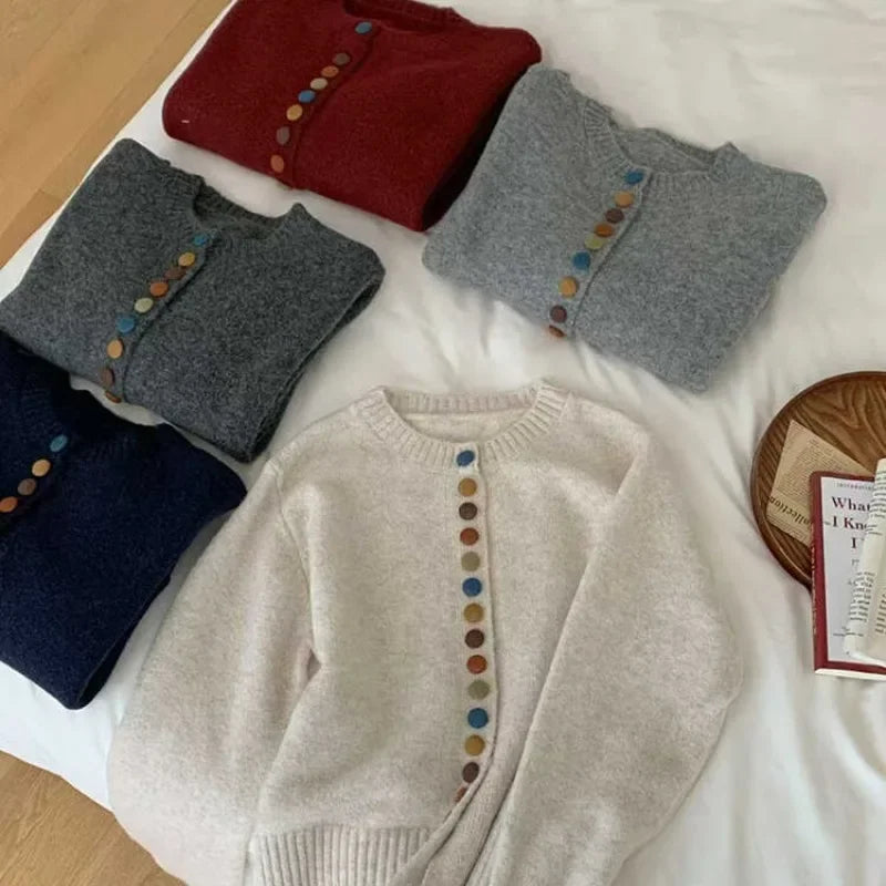 Hnewly  Multicolor Button Knit Sweater Cardigan Women Long Sleeve Button-Up Sweater Jacket Teen-girl Autumn Winter Korean Fashion Outfit