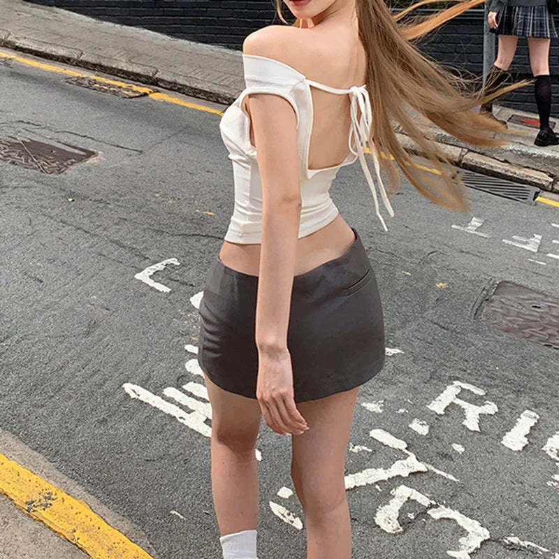 Hnewly Y2K Sexy Backless Crop Top Women Casual Summer Tops Short Sleeve V Neck Streetwear Slim Pullovers Off The Shoulder Tee Shirt