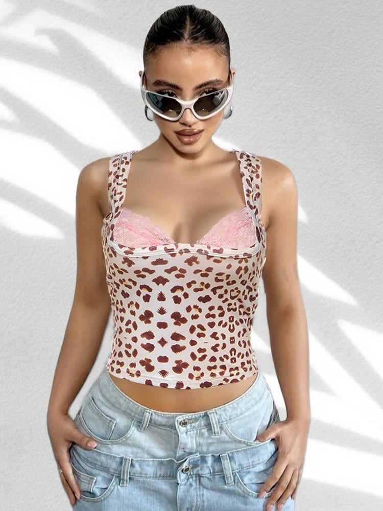 Hnewly Leopard Print Fashion Tank Tops Women Mesh Patchwork Square Collar Vest Hottie Street Sexy Hipster Classic Outfits