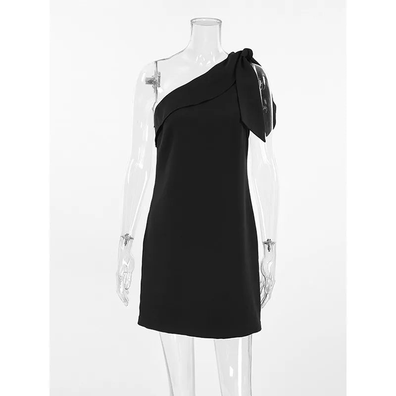 Hnewly  One-Shoulder Mini Dresses Women New Black Straight Sleeveless Bow Simple Casual Summer Dress Woman Clothes