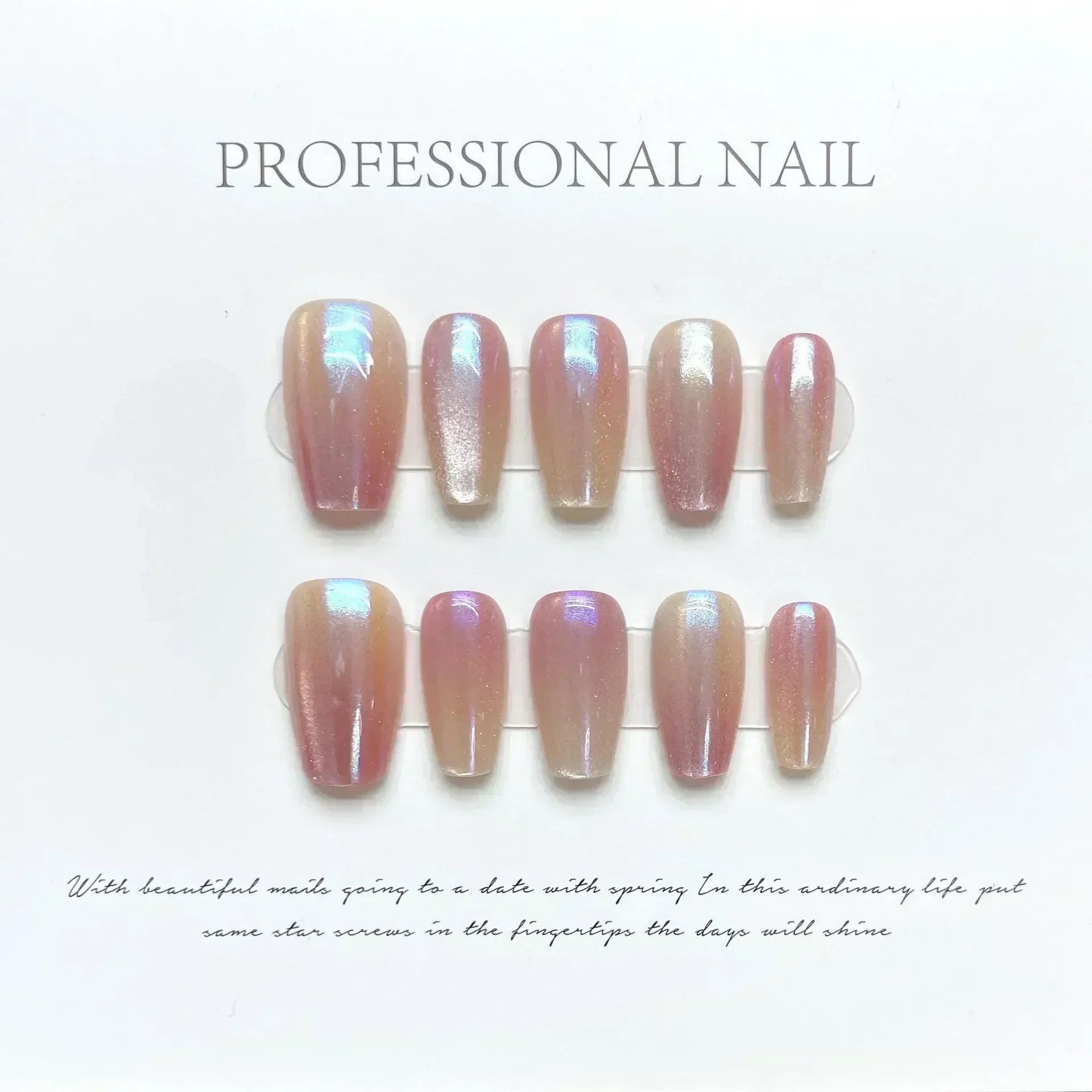 Hnewly 10Pcs Cat Eye Handmade Press On Nails with Gradient Design False Nails Full Cover French Ballerina Wearable Artificial Nail Tips