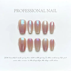 Hnewly 10Pcs Cat Eye Handmade Press On Nails with Gradient Design False Nails Full Cover French Ballerina Wearable Artificial Nail Tips