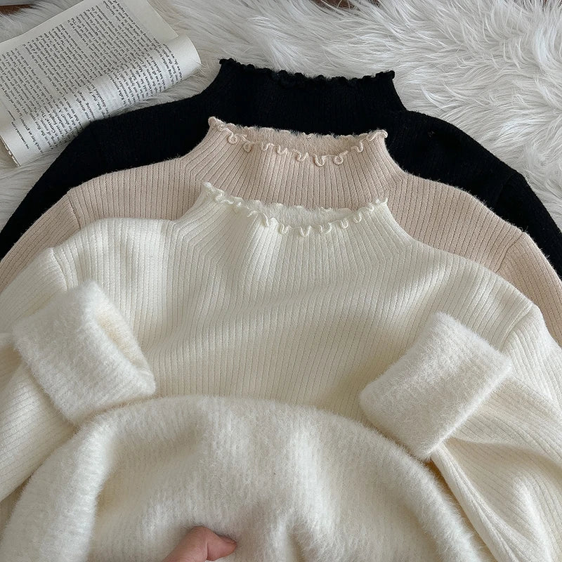 Hnewly  Lace Edge Half High Collar Sweater Autumn Winter New Women's Long Sleeve Top Warm Solid Color Slim Basic Knit Pullover