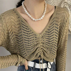 Hnewly  Drawstring Pointelle Knitted Top Pullovers Women Sweater Cover Up Top Hollow Out Crop Jumper Knitwear Autumn Winter Y2K Outfit