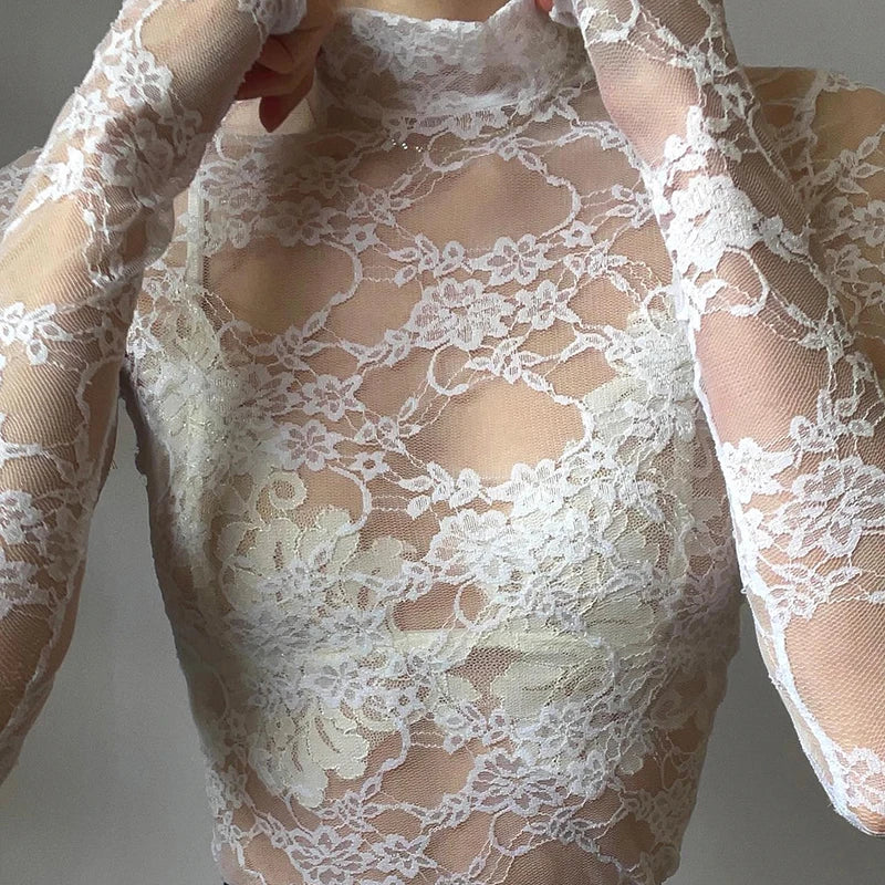 Hnewly Transparent Lace Crop Top Women Elegant Sexy Solid White Long Sleeve Slim T-shirt Korean Fashion Shirts y2k Aesthetic Tee