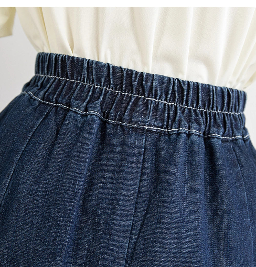 Hnewly M-5XL Oversize Denim Skirt Women's New Elastic High Waisted A-line Loose Fit Retro Knee-length Skirt with Built-in Safety Shorts