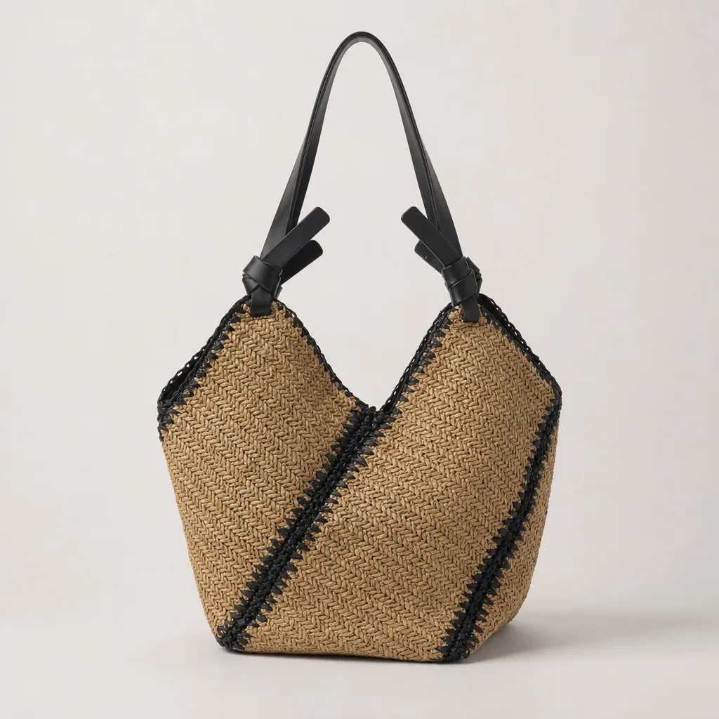 Hnewly  Fashion Design Diagonal Stripe Pattern Handmade Tote Bag Summer Ladies Paper Straw Crochet Shoulder Beach Bags