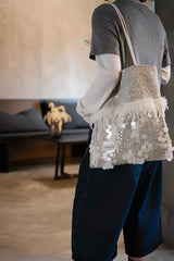 Hnewly  Luxury White Tweed Open Tote Bag Ostrich Feather Trim Large Sequin Patchwork Handbag Wedding Bridal Gift Party