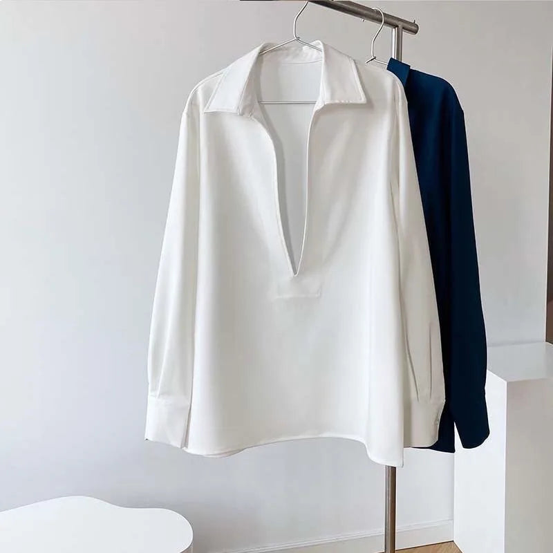 Hnewly V-neck Blouses Women Tops Shirt Retro Corduroy Solid Loose Simple Office Ladies Korean-style Leisure Elegant Comfortable