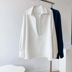 Hnewly V-neck Blouses Women Tops Shirt Retro Corduroy Solid Loose Simple Office Ladies Korean-style Leisure Elegant Comfortable