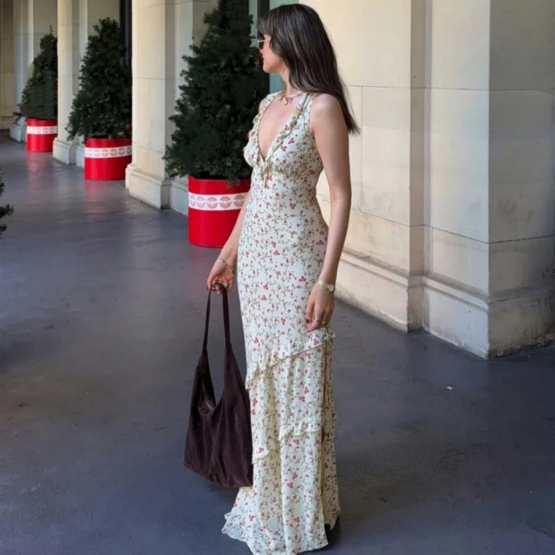 Hnewly Floral Print Sexy V Neck Ruffles Elegant Bodycon Maxi Dresses Spring Fashion Holiday Streetwear Party Women's Vestidos