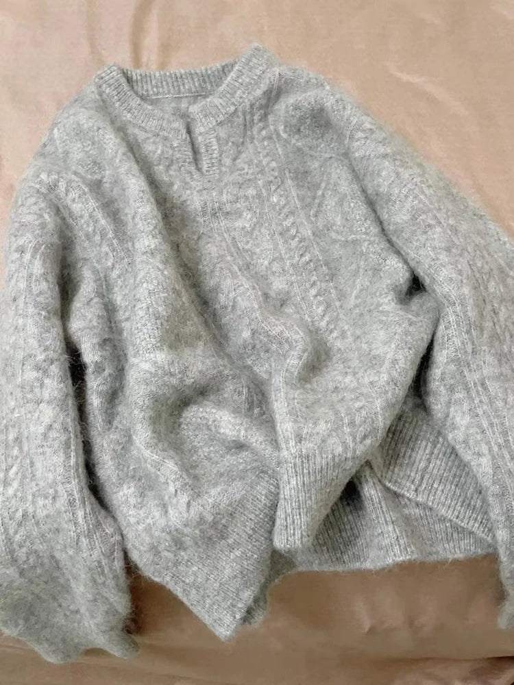 Hnewly Grey V Neck Knitted Sweaters Women Autumn Korean Loose Lazy Style Casual Jumpers Y2K Fashion Winter Warm Simple Pullovers Mujer