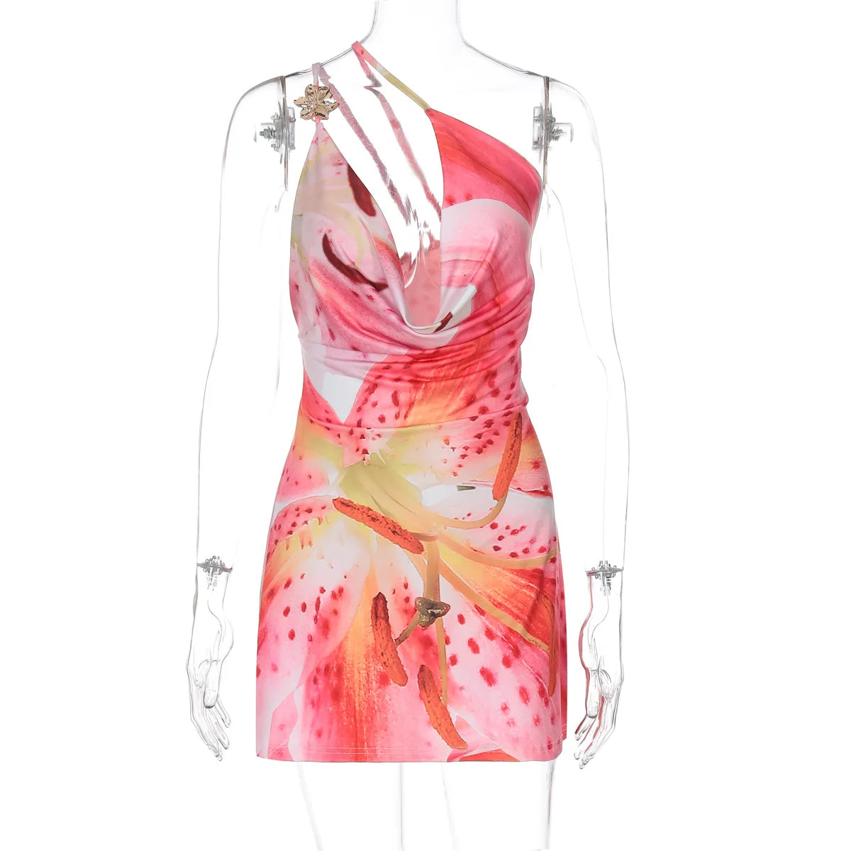 Hnewly  Women Elegant Flora Printed Halter Mini Dress Sexy V-neck Sleeveless Backless High Waist Slim Dresses Lady Vacation Wears