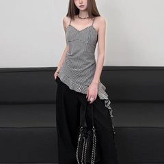 Hnewly  Korean Black White Plaid Camisole Top Women Summer Ruffles Hem V Neck Tank Tops Woman Backless Streetwear Vest Female