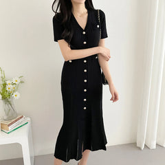 Hnewly Knitted Black Bodycon Korea Style Ruffle Ladies Short Sleeves Midi Dresses Elegant Casual V-neck Mermaid Dress for Women Summer