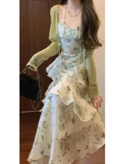 Hnewly  Elegant Floral Slim Waist Ruffles Camisole Cake Dress+ Summer Long Sleeve Cardigan Coat Women New Two Piece Sets