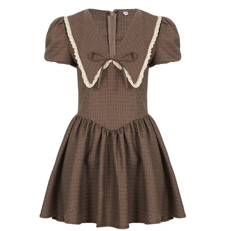 Hnewly  Women Plaid Waist-cinching Chic Mini Dress Sexy V-neck Puff Short Sleeve High Waist A-line Dresses New Highstreet Outwear
