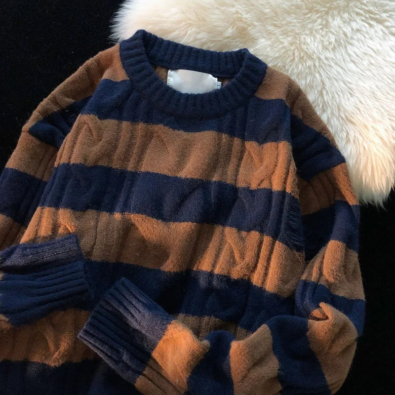 Hnewly  Women Striped Retro Knitted Sweater Spring Autumn Loose Versatile Pullover Casual Fashion Holes Round Neck Long Sleeved Top