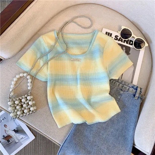 Hnewly  Contrast Striped T-shirt For Women's Summer Knitted Short Sleeved Tee  Cool Girls Fashion High Street Square Collar Short Top