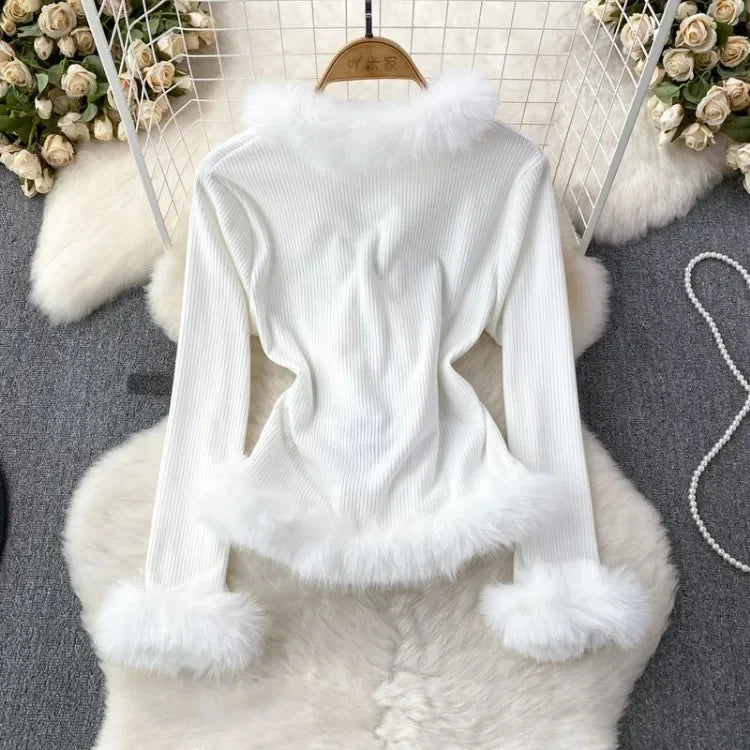Hnewly going out outfits winter Autumn Winter V-neck Fluffy Patchwork Jackets Y2k Grunge Slim Fit Tops Mujer Vintage Fashion Long Sleeve Cardigan Coat Women