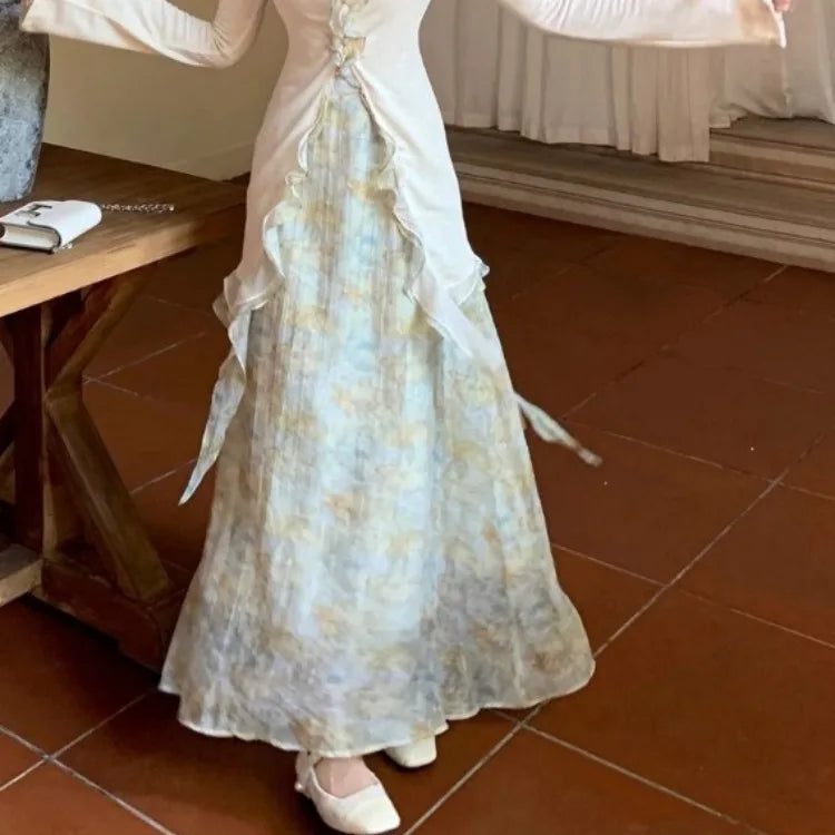 Hnewly 2025 Spring New Slim Fit Ruffles Long Sleeve Tops Women+ Y2k Mid-length Flower Print Skirts  Chinese Style Two Piece Sets