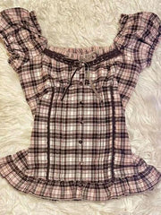 Lunivop  Harajuku Literary O Neck Short Sleeve T Shirt Y2k Fashion Constrast Color Plaid Slim Thin Women Tops Single Breasted Punk Blouse