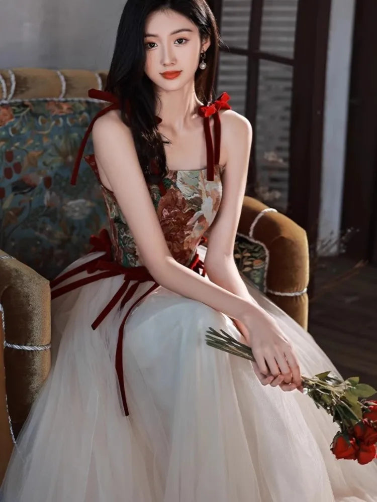 Hnewly France Vintage Bow Mesh Wedding Runway Party Dresses Women Summer Fashion Elegant Strap Graduation Evening Vestidos Ladies Robe