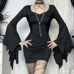 Hnewly  Goth Dark Cospaly Partywear Women Fashion Batwing Sleeve Mini Dress Elegant Slim Pleat Bodycon Dresses Mall Gothic Alt Teachwear