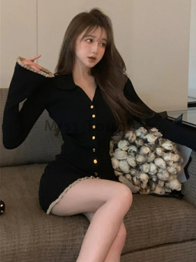 Hnewly DRESS TO IMPRESS Winter Knit France Vintage One Piece Dress Women Sexy V-neck Elegant Sweater Mini Dress Female Korean Style Chic Dress New