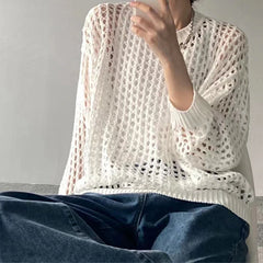 Hnewly  Women Mesh Top Oversized Long Sleeve T-shirts Crew Neck Loose Casual Knit Tees See-Through Openwork Knit Top Women Spring Summer