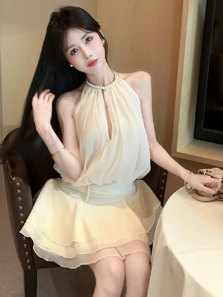 Hnewly  Mini Dresses Women Pearl Halter Sleeveless Bandage Slim Backless Hollow Out Sweet Elegant Party Dress Female Casual