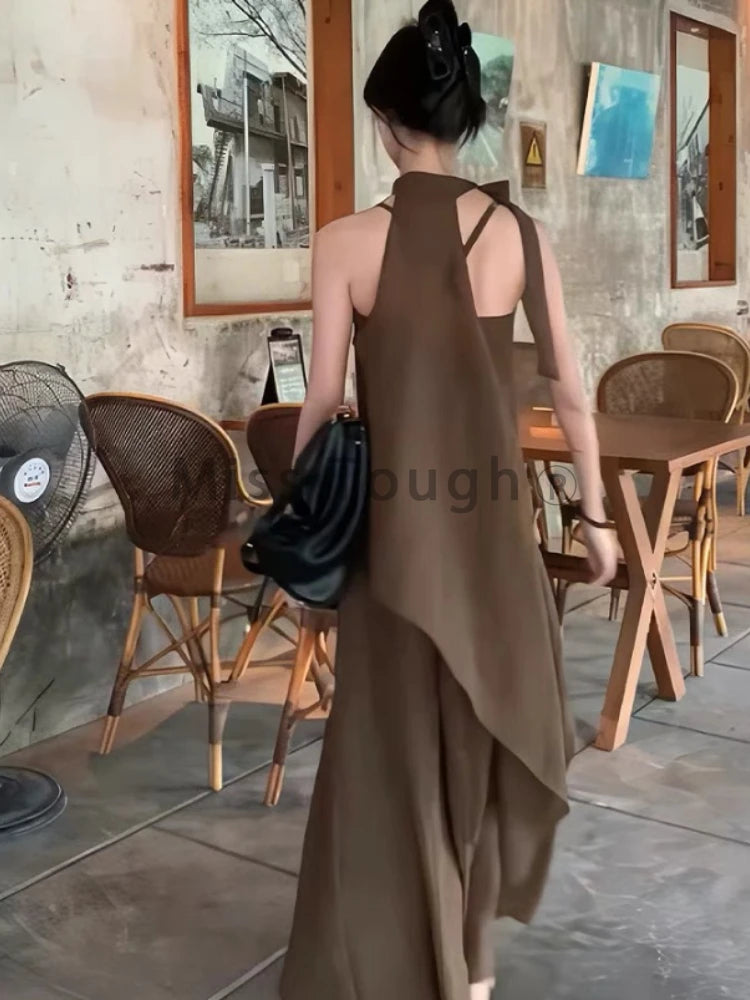 Hnewly Korean Fashion Loose O Neck 2 Piece Set Women Elegant Casual Solid Sleeveless Off Shoulder Top + High Waist Thin Dress 2024 New