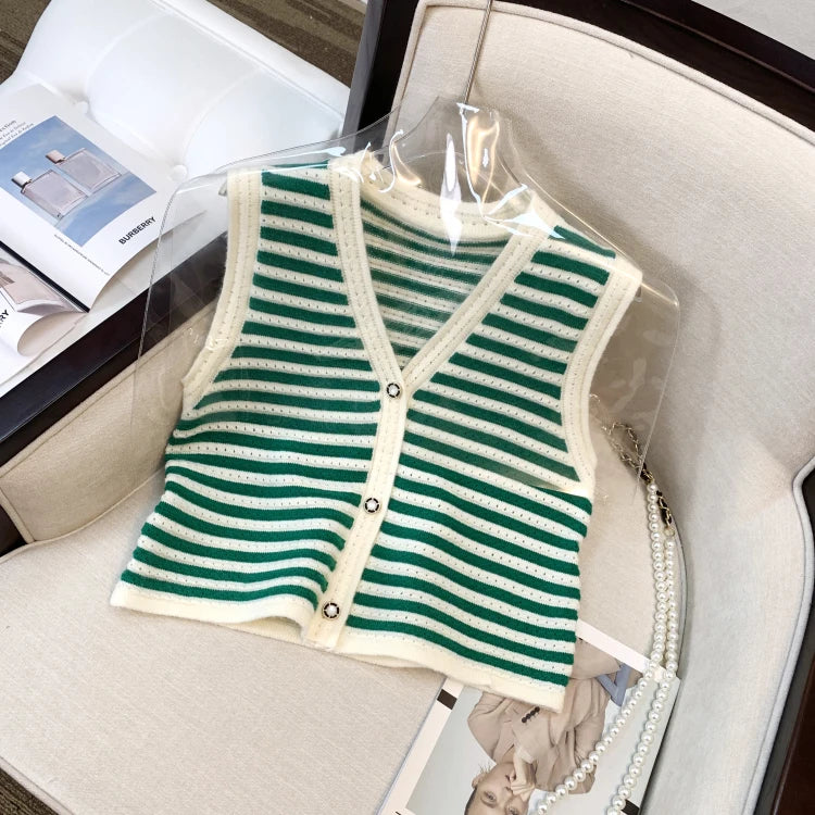 Hnewly  Spring V-Neck Striped Knitted Vest Korean Hollow Out Sleeveless Top Women's 2023 Autumn Loose All-Matched Outwear Cardigan Tank