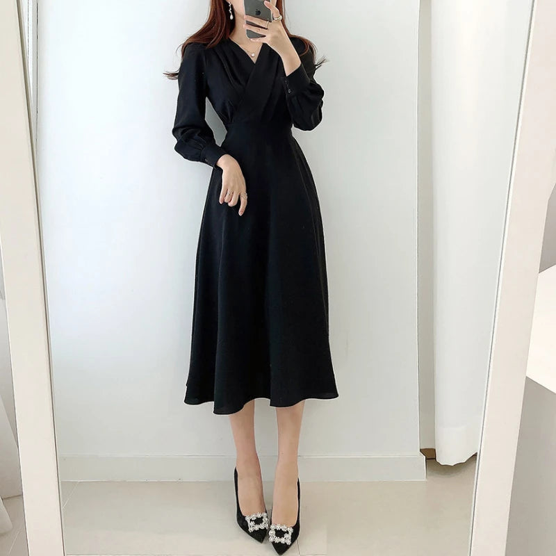 Hnewly Harajuku V-neck Puff Sleeve A-line Maxi Dresses for Woman Women Solid Color Midi Robe Korean Office Dresses Elegant Spring