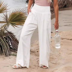 Hnewly  Cotton and Linen Solid-color Stretched-waist Wide-leg Pants Casual Pants Long Pants for Women Spring and Summer Women's Wear