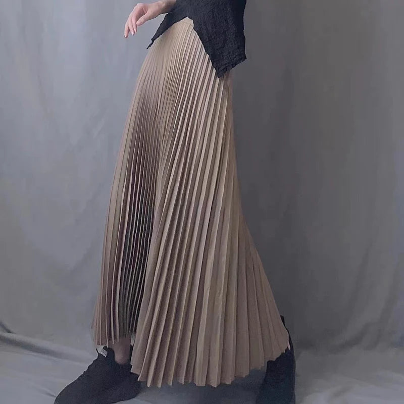 Hnewly Brand Spring Clothes Women Autumn Fashion Casual Office Lady Pleated Skirt Women New Hight Waist Solid Long Skirt