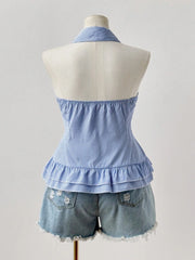 Hnewly  Oversized Women's Sleeveless Pleated Hem Casual Shirt Blue Striped Shirt V-Neck Beach Resort Backless