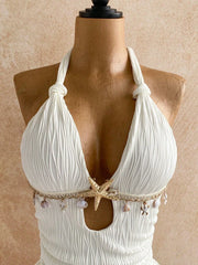 Lunivop  White Halter Twist Bodycon Mini Dress With Shell And Starfish Decor Beach Resort Summer Outfit