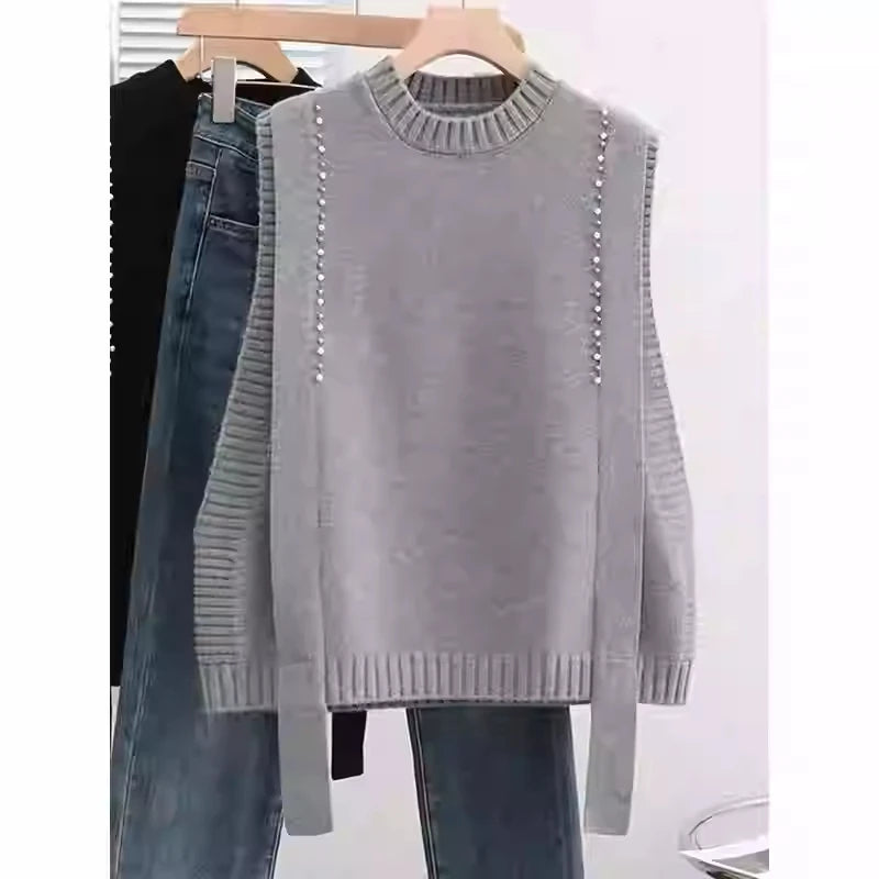 Hnewly  Elegant Bead Knitted Sweater Vest Women's Spring  Autumn Loose Versatile Comfortable Sleeveless Vest Casual Solid O-neck Top