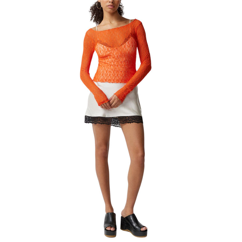 Hnewly Lace Tops for Women y2k Clothes Sheer See Through Round Neck Long Sleeve Ruched T Shirt 2000s Clothing Party Clubwear