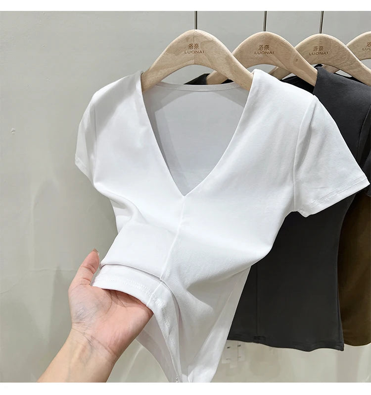 Hnewly Casual Cotton V Neck Short Sleeve T-shirt Women Fashion Shoulder Pad Solid Color Summer Slim Tees Ladies Basic Elastic Tops