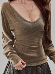Hnewly  Y2k Aesthetic Two Pieces Set Vintage Knitted Women A Deep V-Neck Cropped T-shirt + Solid Slim Fit Vest JHarajuku Grunge Suit