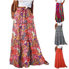 Hnewly  Ladies' Fashion Bohemian Printed Elastic Waist Midi Skirt Thin Loose Casual Comforatble Tie Long Skirt Vacation Beach Clothes