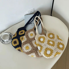 Hnewly  Hand-knitted Aesthetic Crochet Shopping Bag Casual Handbag Crossbody Bags Leisure Holiday Beach Tote